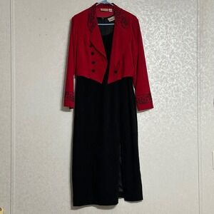Worthington Petite Faux Suede Dress Cropped Jacket Set Red Black Embroidered 14P